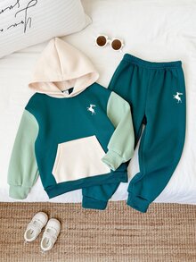 2pcs Kids Young Boy Autumn/Winter Casual Green Colorblock Sweatshirt & Sweatpants Set, Autumn/Winter Set, Boys Set, Sweatshirt Set, Christmas Set, Tracksuit Boy Joggers - Multicolor - View 5