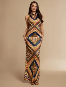 Silquee 女款花卉印花垂領修身魚尾掛脖優雅長洋裝，女性節慶穿搭優雅印花派對長裙 - 棕色 - 查看 6