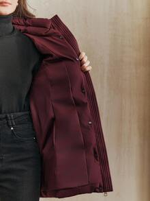 Anewsta 女士酒红色连帽可拆卸人造毛领收腰短款羽绒服 - 酒紅色 - 查看 8