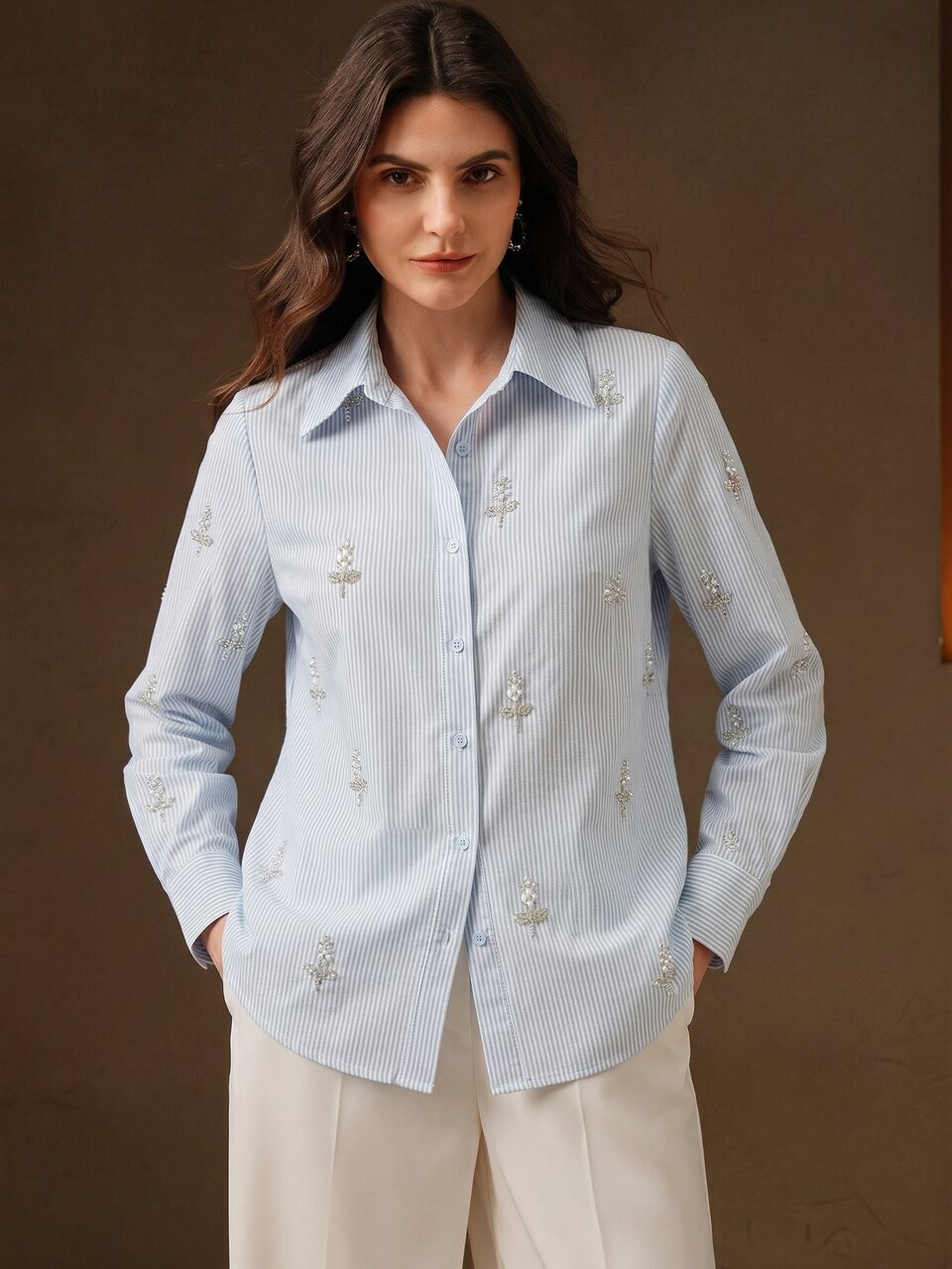 Anewsta Chic Women's Button Up Blouse With Vertical Stripes And Pearl Accents Ideal For Business Casual And Everyday Fashion