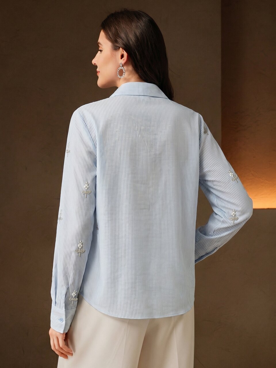 Anewsta Chic Women's Button Up Blouse With Vertical Stripes And Pearl Accents Ideal For Business Casual And Everyday Fashion