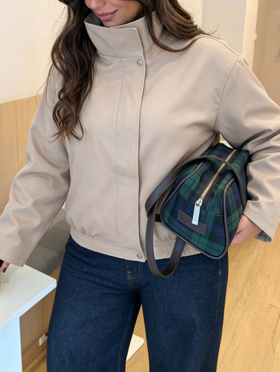 Elegantrix Autumn/Winter Plus Size Women's Light Khaki Woven Stand Collar Zipper Short Jacket With Elastic Hem, Casual Commute Short Outerwear Fall