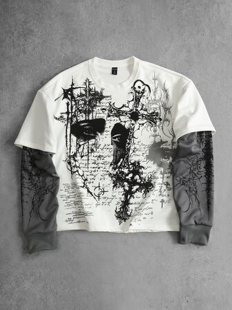 Street Life Men's Spring/Autumn Casual White Cross Print 2-In-1 Long Sleeve Crew Neck T-Shirt