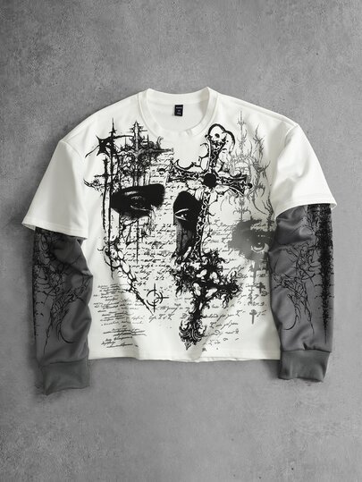 Street Life Men's Spring/Autumn Casual White Cross Print 2-In-1 Long Sleeve Crew Neck T-Shirt