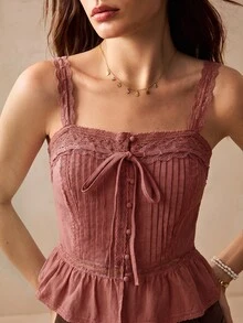 Willow Rêve Atasan Camisole Wanita Motif Bordir Patchwork Renda Bergaya Vintage Romantis - Dusty Pink - View 3