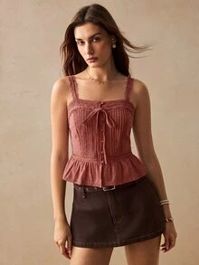 Willow Rêve Atasan Camisole Wanita Motif Bordir Patchwork Renda Bergaya Vintage Romantis - Dusty Pink - View 6