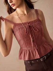 Willow Rêve Atasan Camisole Wanita Motif Bordir Patchwork Renda Bergaya Vintage Romantis - Dusty Pink - View 5