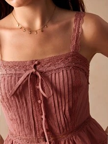Willow Rêve Atasan Camisole Wanita Motif Bordir Patchwork Renda Bergaya Vintage Romantis - Dusty Pink - View 9