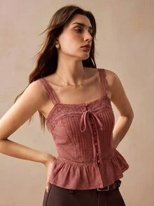 Willow Rêve Atasan Camisole Wanita Motif Bordir Patchwork Renda Bergaya Vintage Romantis - Dusty Pink - View 8