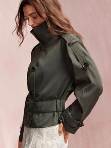Willow Rêve Women's Olive Green Fitted Trench Coat, Solid Color, Large Lapel, Buttoned Epaulettes, Belted Waist, 90s Retro Fall Streetwear, Jackets Everyday - Green - View 9