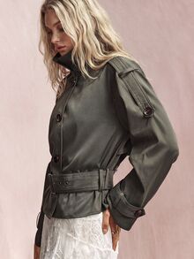 Willow Rêve Women's Olive Green Fitted Trench Coat, Solid Color, Large Lapel, Buttoned Epaulettes, Belted Waist, 90s Retro Fall Streetwear, Jackets Everyday - Green - View 7