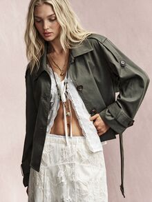 Willow Rêve Women's Olive Green Fitted Trench Coat, Solid Color, Large Lapel, Buttoned Epaulettes, Belted Waist, 90s Retro Fall Streetwear, Jackets Everyday - Green - View 6