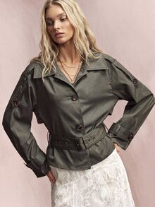 Willow Rêve Women's Olive Green Fitted Trench Coat, Solid Color, Large Lapel, Buttoned Epaulettes, Belted Waist, 90s Retro Fall Streetwear, Jackets Everyday - Green - View 3