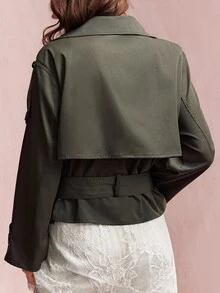 Willow Rêve Women's Olive Green Fitted Trench Coat, Solid Color, Large Lapel, Buttoned Epaulettes, Belted Waist, 90s Retro Fall Streetwear, Jackets Everyday - Green - View 2