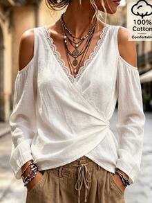 Breezaya Women's Cold Shoulder Long Sleeve Wrap Blouse, V Neck Lace Trim Ruched Side Textured Casual Elegant Boho Top Brunch Vacation White Autumn - White - View 3