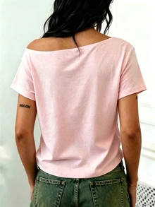 SHEIN 女士纯色不对称肩部休闲百搭日常短袖T恤 - 淺粉色 - 查看 2