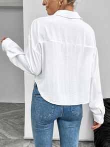 SHEIN 休闲百搭时尚长袖单襟翻领纽扣女式衬衫，随机花卉印花设计 - 白色 - 查看 5