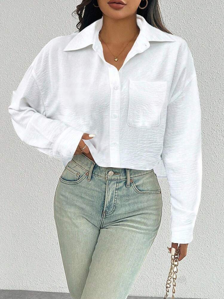 SHEIN Casual Versatile Fashion Long Sleeve Single Placket Turndown Collar Button Up Women Shirt, Random Floral Print Design Fall Cloth For Women - White - View 1