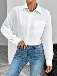 SHEIN 休闲百搭时尚长袖单襟翻领纽扣女式衬衫，随机花卉印花设计 - 白色 - 查看 6