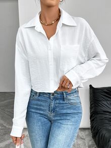 SHEIN 休闲百搭时尚长袖单襟翻领纽扣女式衬衫，随机花卉印花设计 - 白色 - 查看 8
