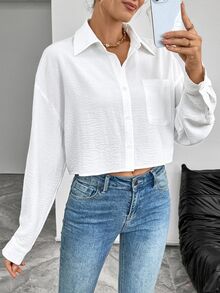 SHEIN 休闲百搭时尚长袖单襟翻领纽扣女式衬衫，随机花卉印花设计 - 白色 - 查看 9