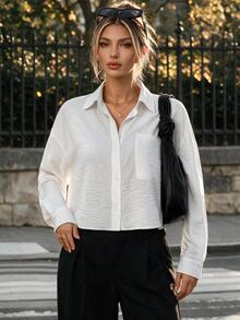 SHEIN 休闲百搭时尚长袖单襟翻领纽扣女式衬衫，随机花卉印花设计 - 白色 - 查看 3