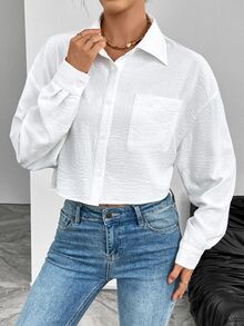 SHEIN 休闲百搭时尚长袖单襟翻领纽扣女式衬衫，随机花卉印花设计 - 白色 - 查看 7
