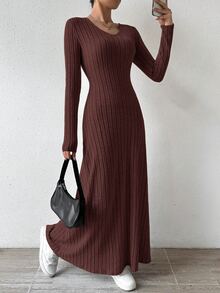 SHEIN LUNE Solid Color V-Neck Knit Fleece Long Sleeve A-Line Dress Maxi Women Outfit - Brown - View 7