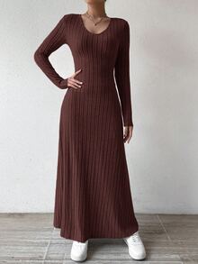 SHEIN LUNE Solid Color V-Neck Knit Fleece Long Sleeve A-Line Dress Maxi Women Outfit - Brown - View 8