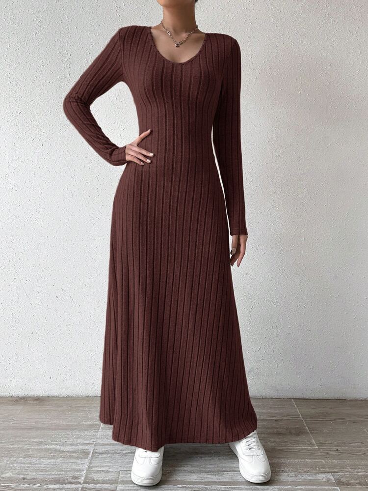 SHEIN LUNE Solid Color V-Neck Knit Fleece Long Sleeve A-Line Dress Maxi Women Outfit - Brown - View 8