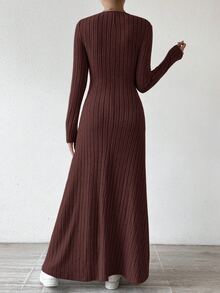 SHEIN LUNE Solid Color V-Neck Knit Fleece Long Sleeve A-Line Dress Maxi Women Outfit - Brown - View 2