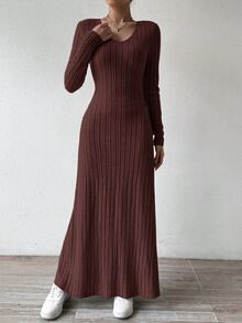 SHEIN LUNE Solid Color V-Neck Knit Fleece Long Sleeve A-Line Dress Maxi Women Outfit - Brown - View 6