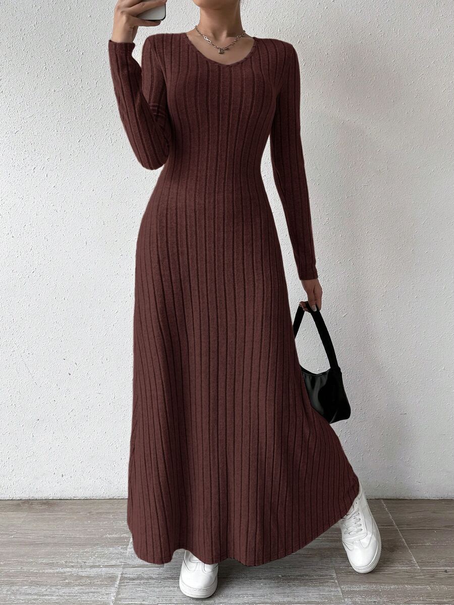 SHEIN LUNE Solid Color V-Neck Knit Fleece Long Sleeve A-Line Dress Maxi Women Outfit - Brown - View 1