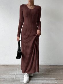 SHEIN LUNE Solid Color V-Neck Knit Fleece Long Sleeve A-Line Dress Maxi Women Outfit - Brown - View 4