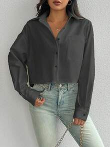 SHEIN Women's Casual Basic Button-Up Shirt,Dark Grey Autumn Office Solid Color Oversized Cropped Button Down Top,Random Floral Print Cropped Shirt Women - Dark Grey - View 7