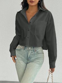 SHEIN Women's Casual Basic Button-Up Shirt,Dark Grey Autumn Office Solid Color Oversized Cropped Button Down Top,Random Floral Print Cropped Shirt Women - Dark Grey - View 6