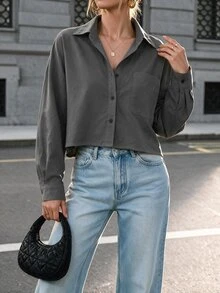 SHEIN Women's Casual Basic Button-Up Shirt,Dark Grey Autumn Office Solid Color Oversized Cropped Button Down Top,Random Floral Print Cropped Shirt Women - Dark Grey - View 2