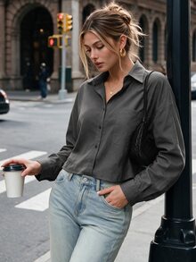 SHEIN Women's Casual Basic Button-Up Shirt,Dark Grey Autumn Office Solid Color Oversized Cropped Button Down Top,Random Floral Print Cropped Shirt Women - Dark Grey - View 3