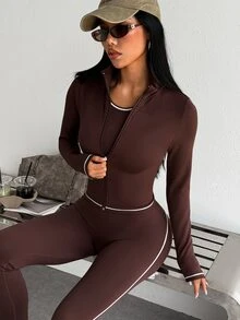 SHEIN Dewbera Women's Long Sleeve Zipper Front Jacket, Fitted Vest And Leggings Sports Set - Brown - View 7