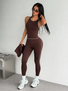 SHEIN Dewbera Women's Long Sleeve Zipper Front Jacket, Fitted Vest And Leggings Sports Set - Brown - View 5