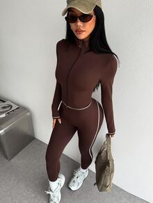 SHEIN Dewbera Women's Long Sleeve Zipper Front Jacket, Fitted Vest And Leggings Sports Set - Brown - View 6