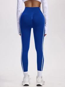 Easithlete Easithlete 對比線高腰瑜伽褲，歐美風修身設計，高彈力面料貼合身形，瑜伽健身/街頭穿搭，實用且時尚 - 藍色 - 查看 3