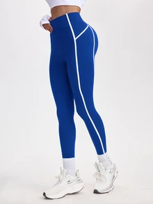 Easithlete Easithlete 對比線高腰瑜伽褲，歐美風修身設計，高彈力面料貼合身形，瑜伽健身/街頭穿搭，實用且時尚 - 藍色 - 查看 5