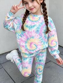 Setelan 2 Potong Sweatshirt Leher Bulat Motif Tie-Dye dan Legging Motif Tie-Dye untuk Anak Perempuan di Musim Gugur, Pakaian Kasual Nyaman untuk Musim Gugur dan Musim Dingin - MultiWarna - View 3