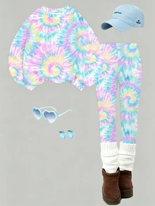 Setelan 2 Potong Sweatshirt Leher Bulat Motif Tie-Dye dan Legging Motif Tie-Dye untuk Anak Perempuan di Musim Gugur, Pakaian Kasual Nyaman untuk Musim Gugur dan Musim Dingin - MultiWarna - View 4