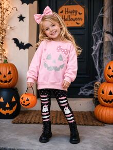 Young Girl Letter Cartoon Print Long Sleeve Sweatshirt And Pants Set - Multicolor - View 3