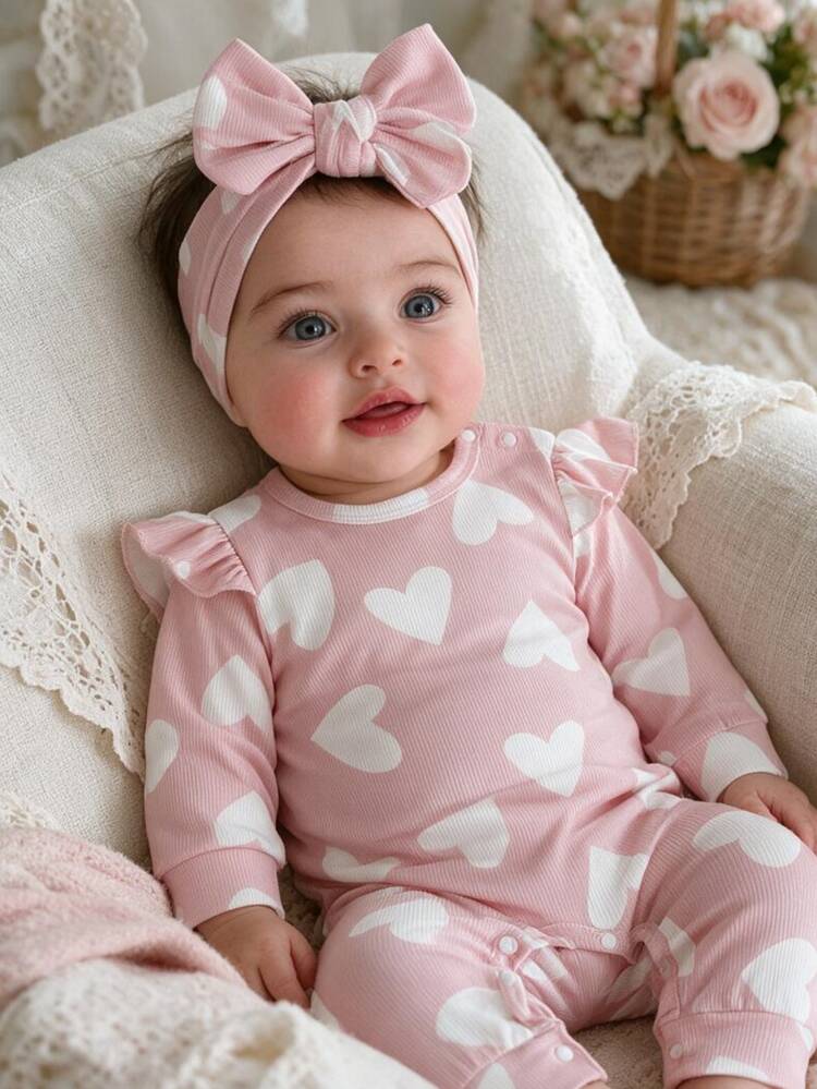 SHEIN 2pcs Newborn Baby Girls Romper Jumpsuit Cute Sweet Pink White Heart Ribbed Ruffle Bow Long Sleeve Round Neck Regular Party Fall Holiday Gift - Pink - View 1