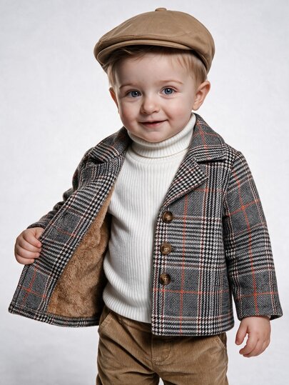 Souflis Souflis Baby Boys Casual Minimalist Classic Plaid Fleece Lined Long Overcoat Autumn Winter