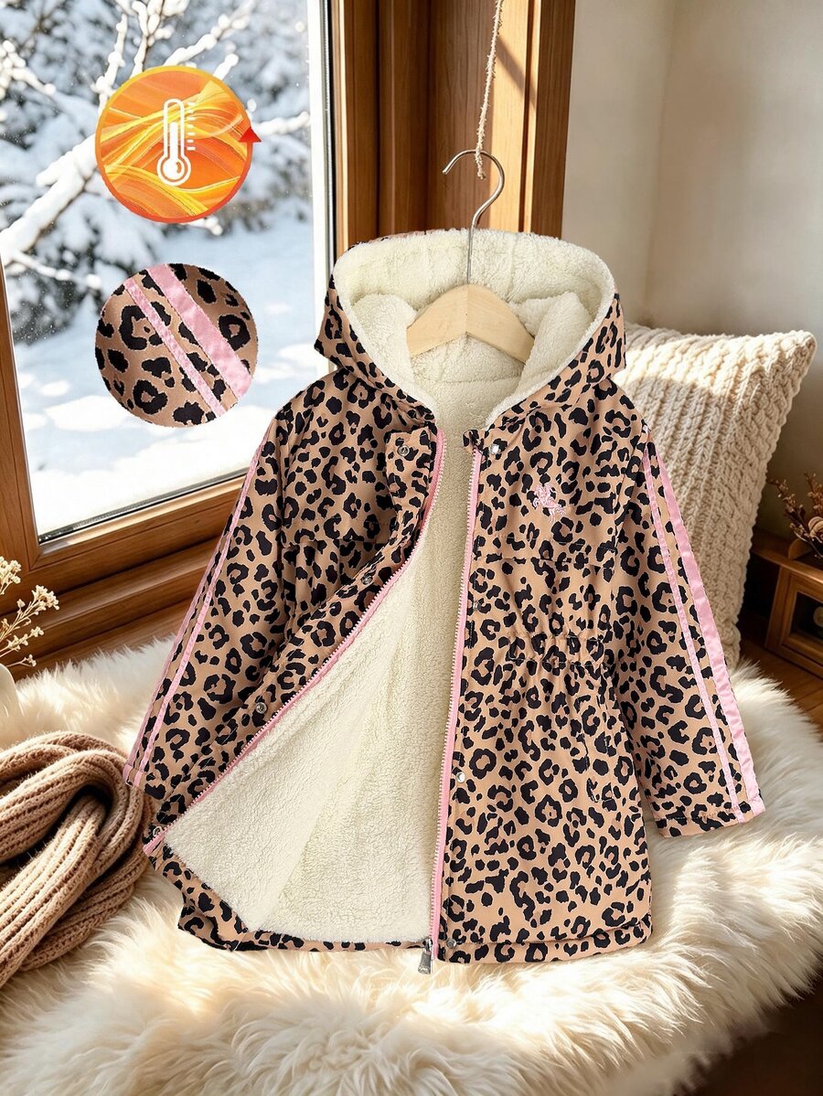 SHEIN Elladie kids 少女款豹紋連帽冬季外套，Y2K上衣，長袖上衣，秋季新款，度假風，豹紋天鵝絨加厚夾克
