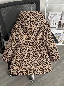 SHEIN Elladie kids 少女款豹紋連帽冬季外套，Y2K上衣，長袖上衣，秋季新款，度假風，豹紋天鵝絨加厚夾克 - 棕色 - 查看 3